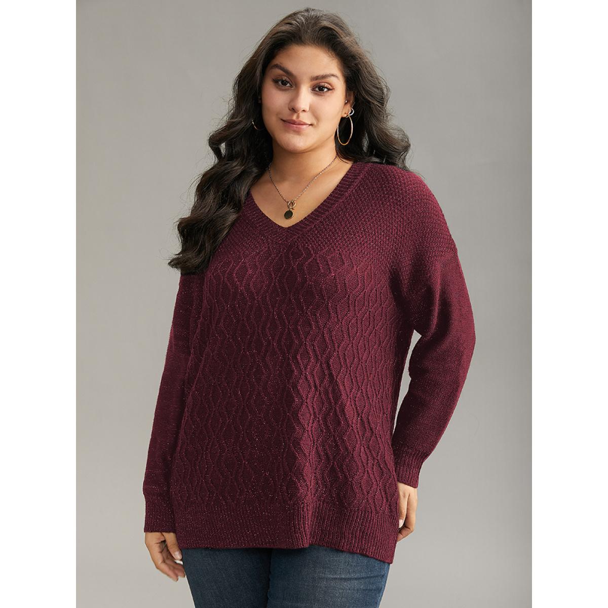 Plus Size Plain Sparkly V Neck Loose Pullover Scarlet Women Casual Long Sleeve V-neck Everyday Pullovers BloomChic 28/5X Product Image