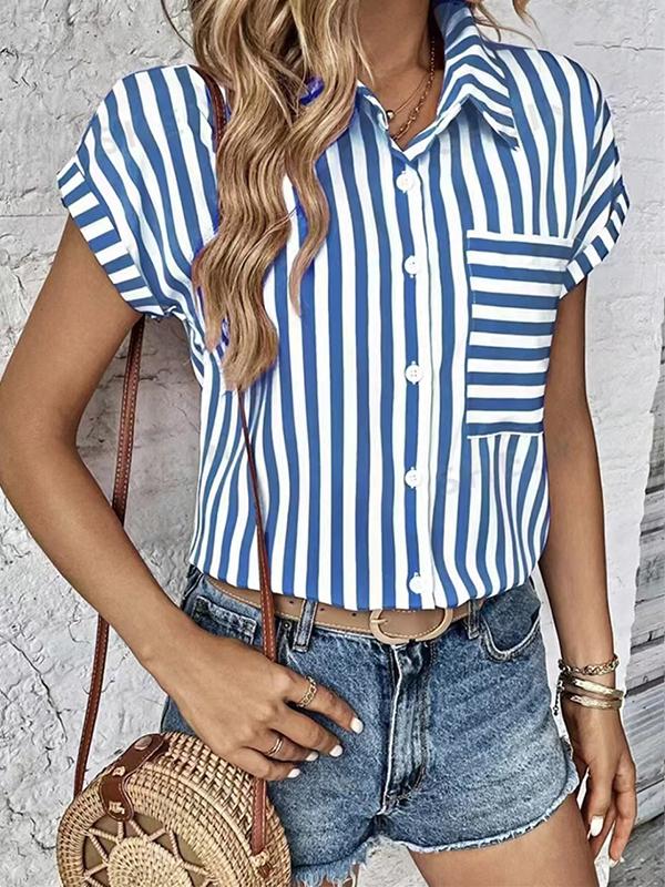 Loose Short Sleeves Contrast Color Split-Joint Striped Patterns Lapel Blouses&Shirts Tops Product Image