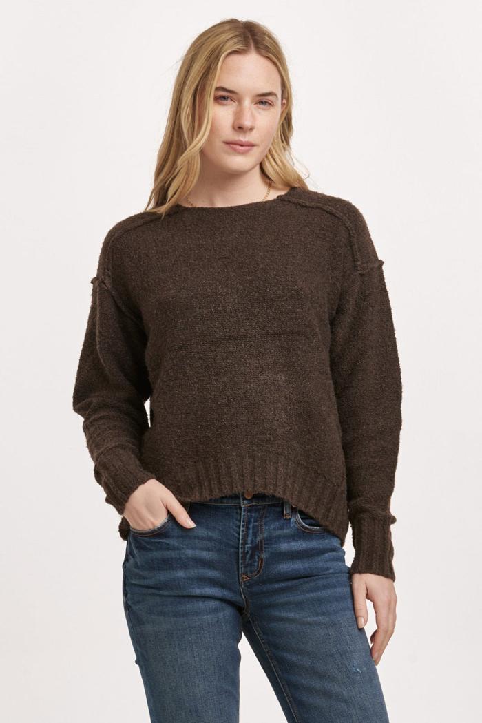 Jenna Raw Detail Long Sleeve Relaxed Fit Sweater Dark Chocolate Product Image