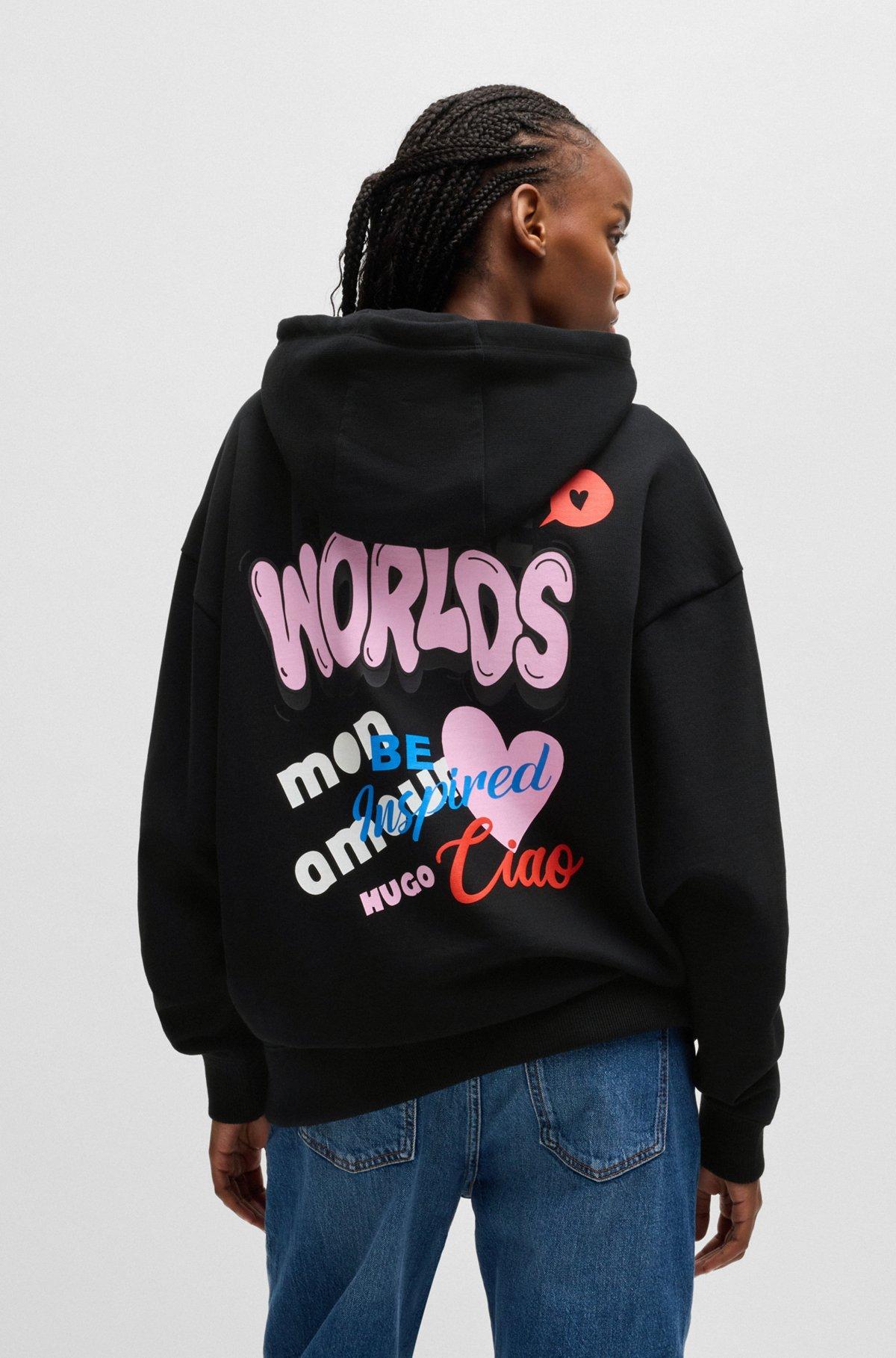 HUGO - Cotton-terry zip-up hoodie with seasonal artwork - Black Product Image