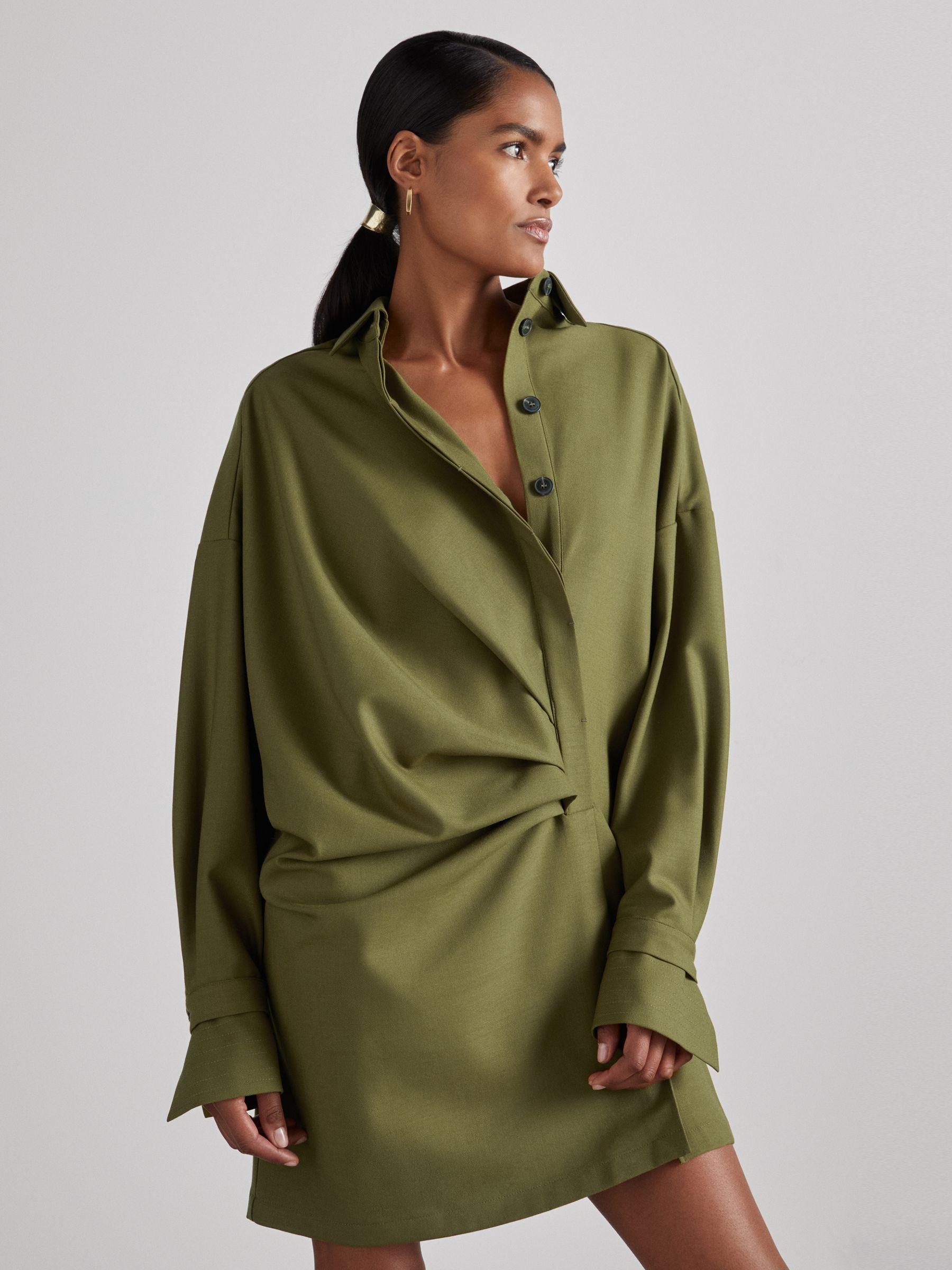 Atelier Draped Shirt Dress with Wool in Khaki Product Image