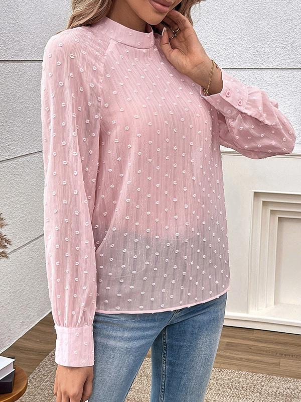 Long Sleeves Loose Buttoned Hollow Jacquard Solid Color Mock Neck Blouses&Shirts Tops Product Image