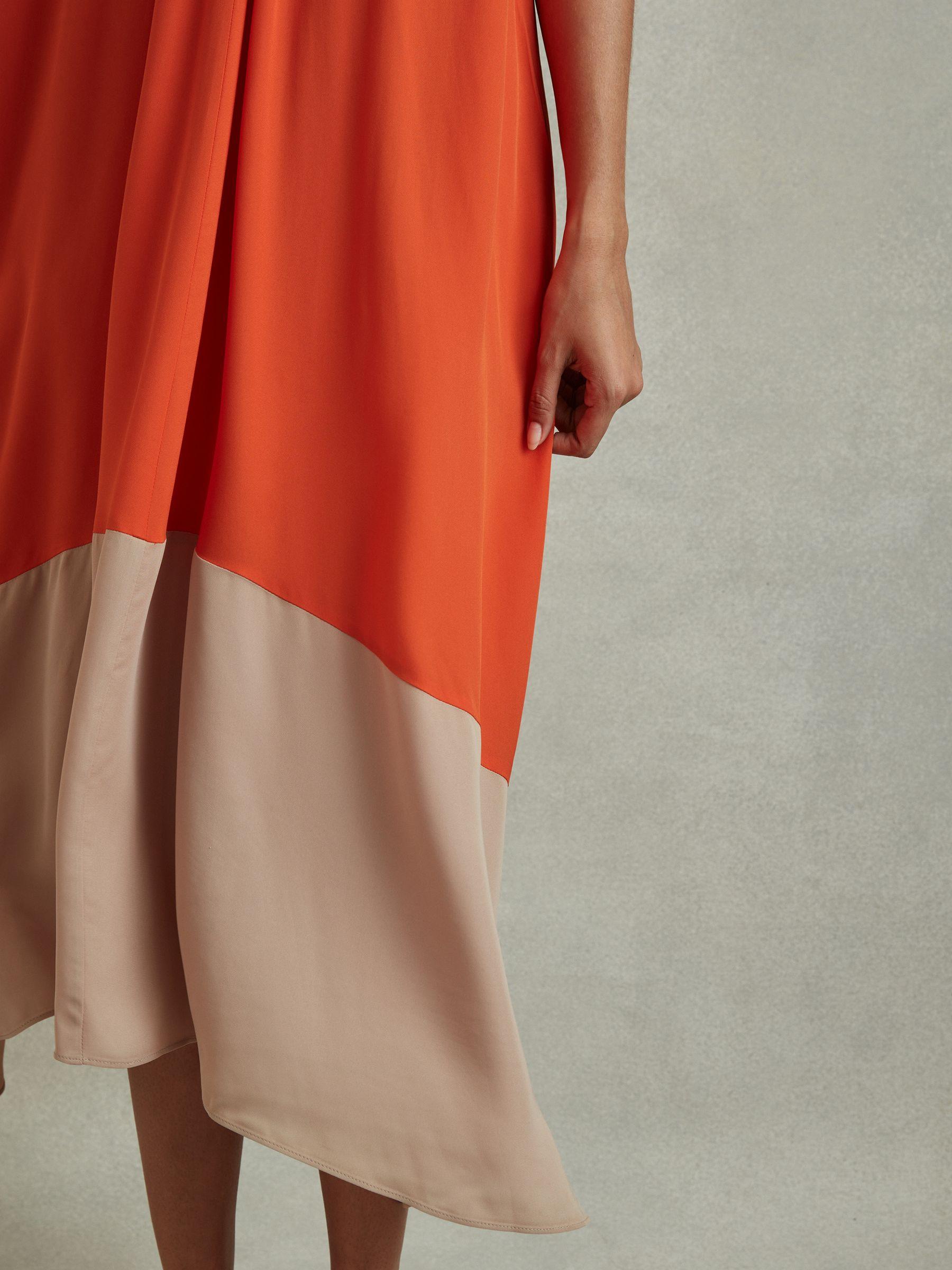 Ruched Dipped Hem Midi Dress in Orange Product Image