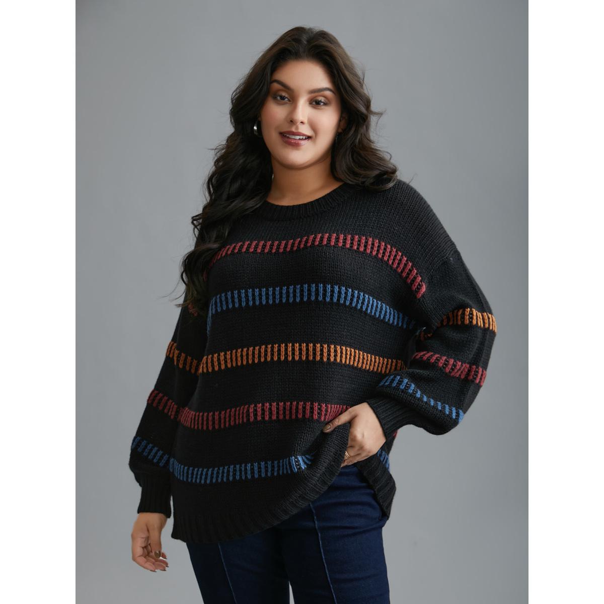 Plus Size Multi-Color Stripes Textured Crew Neck Pullover Black Women Casual Loose Long Sleeve Round Neck Everyday Pullovers BloomChic 28/5X Product Image