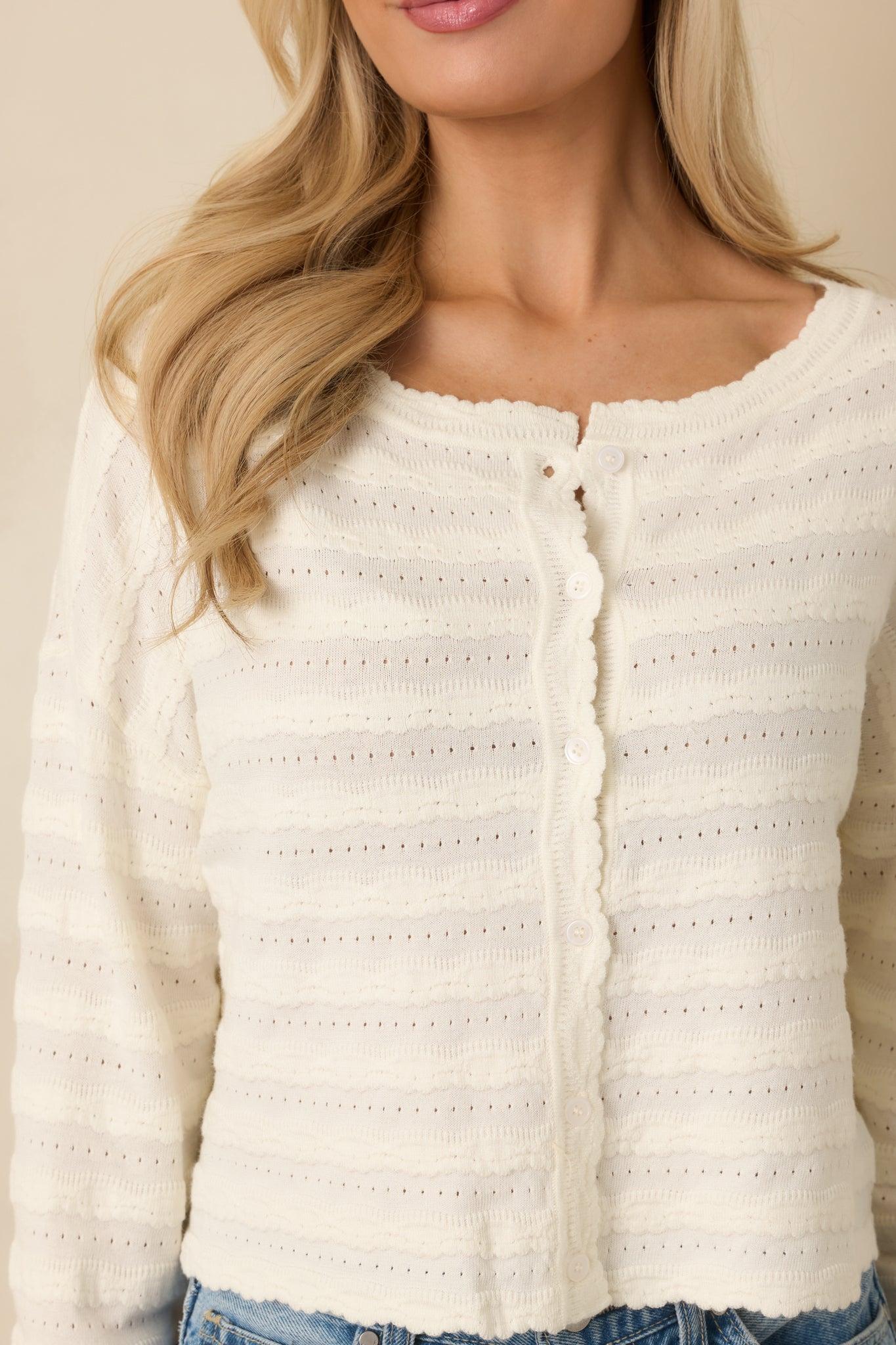 Away We Go Ivory Textured Knit Button Front Cardigan L / White Product Image