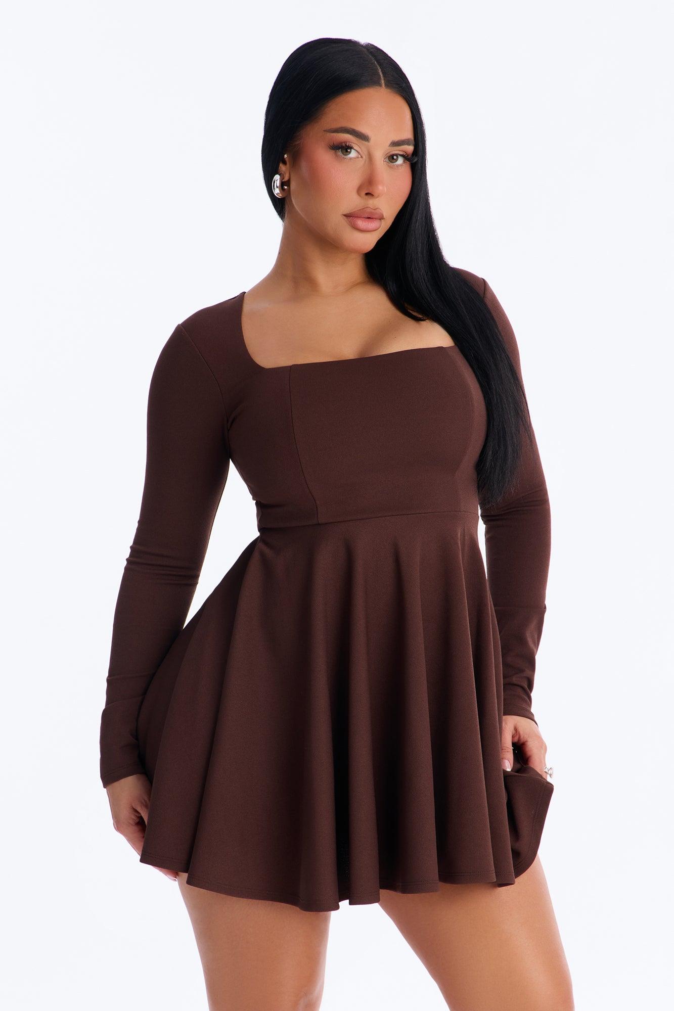 Alena Long Sleeve Mini Dress - Chocolate Female Product Image