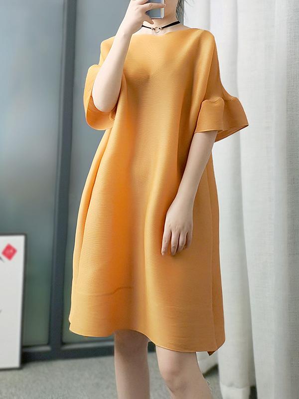 Stylish Selection Flared Sleeves A-Line Pleated Solid Color Round-Neck Midi Dresses Product Image