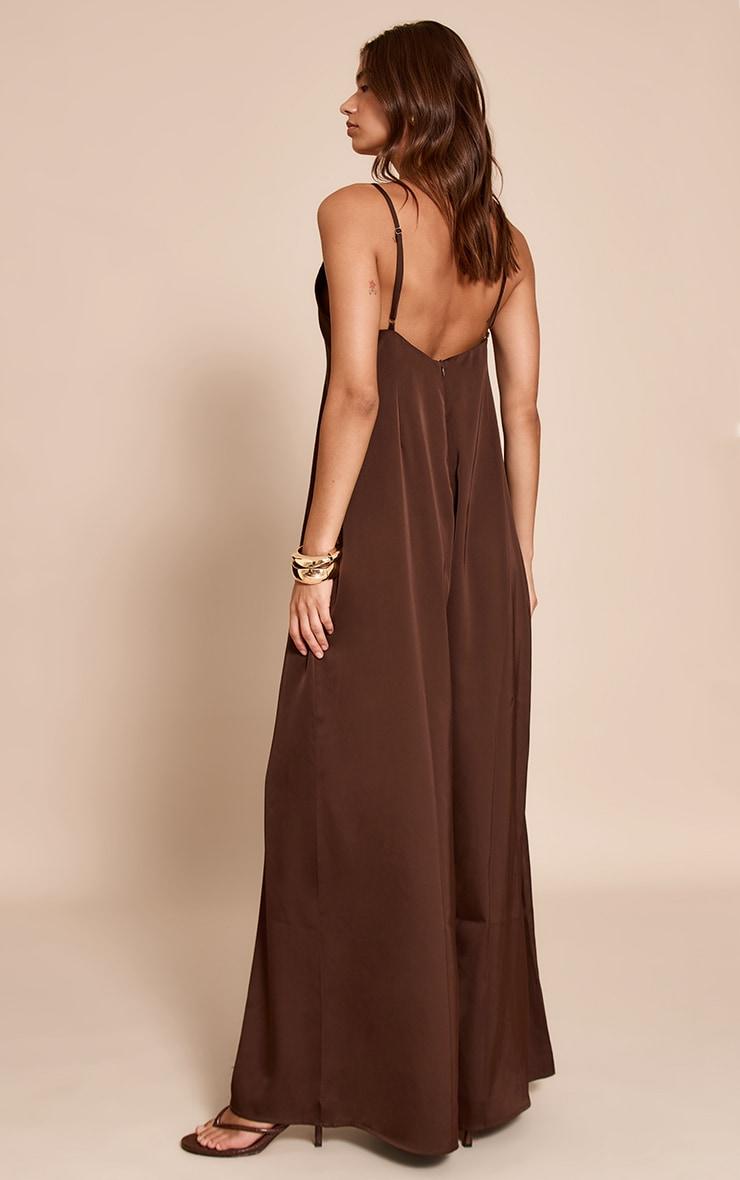 Chocolate Satin V Neck Wide Leg Jumpsuit Product Image