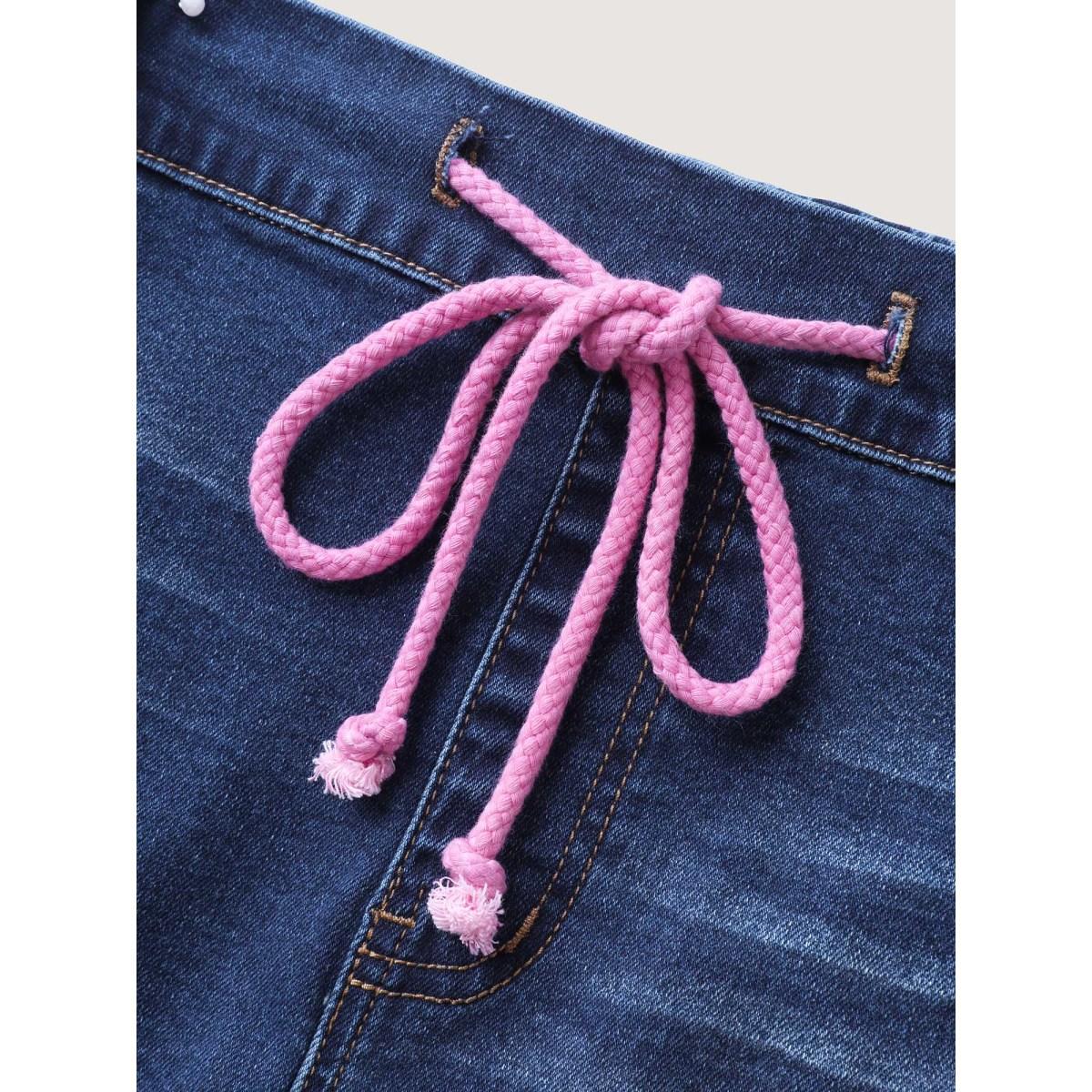 Plus Size Pull-On Drawstring Waist Crop Jeans Women Midblue Casual Medium stretch Slanted pocket Jeans BloomChic 14/1X Product Image