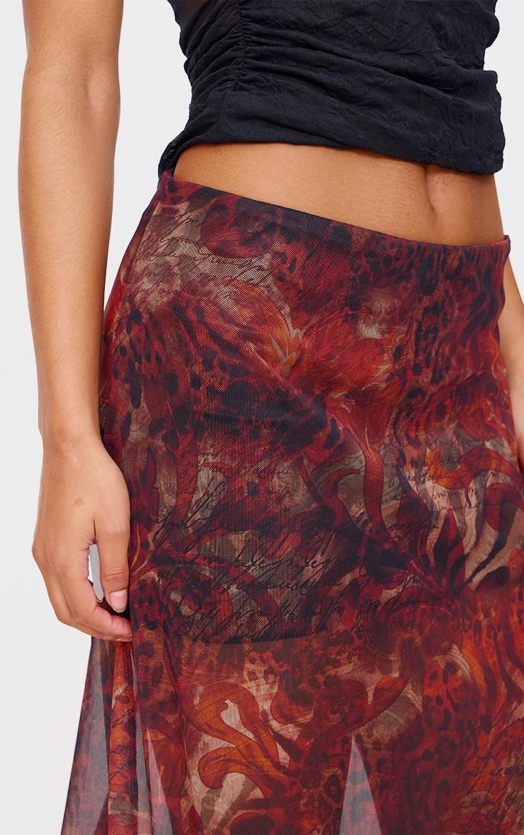 Burgundy Multi Abstract Print Mesh Maxi Skirt Product Image