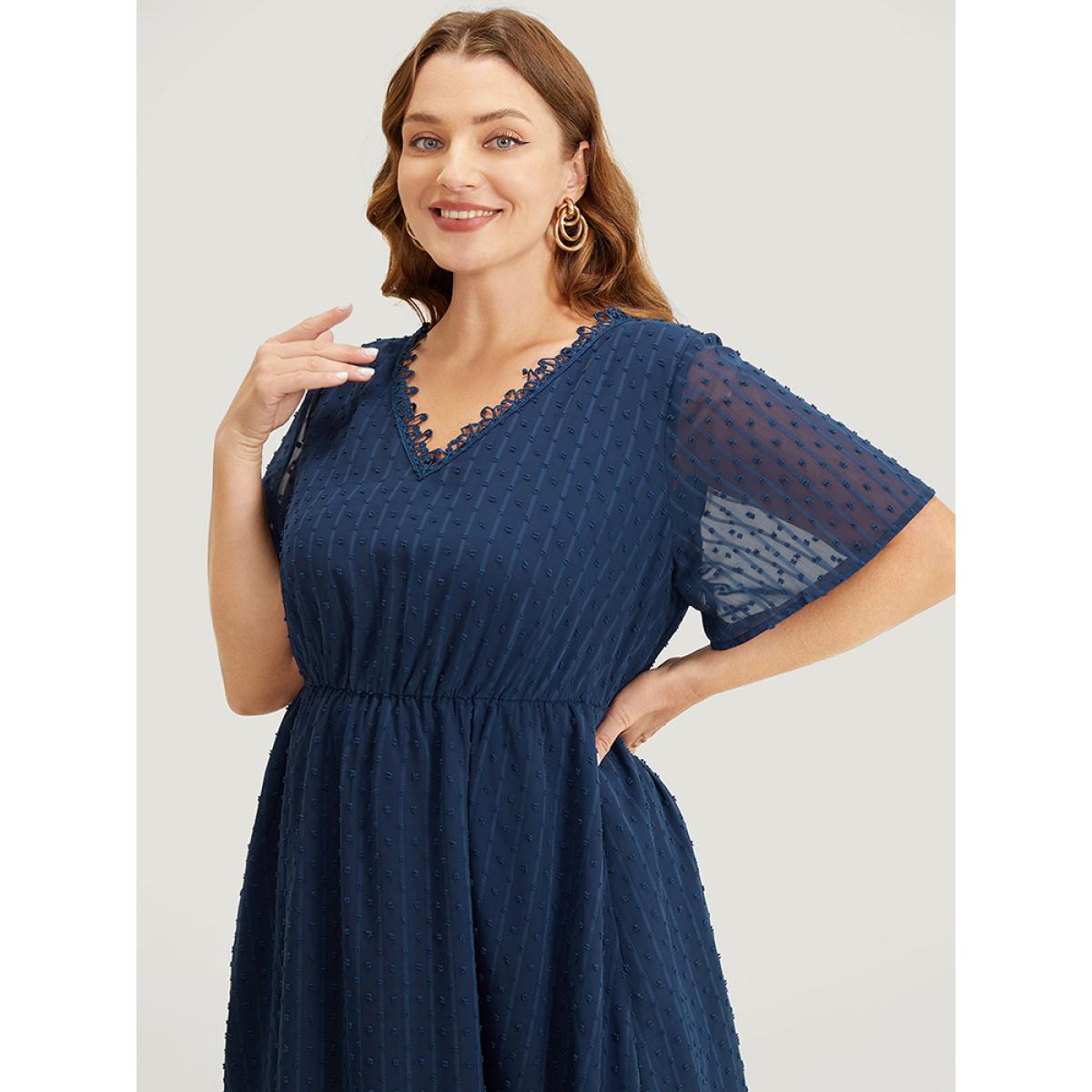 Plus Size Polka Dot Mesh Ruffle Sleeve Lace Trim Pocket Belted Dress Navy Women Elegant See through V-neck Short sleeve Curvy Midi Dress BloomChic 28/5X Product Image