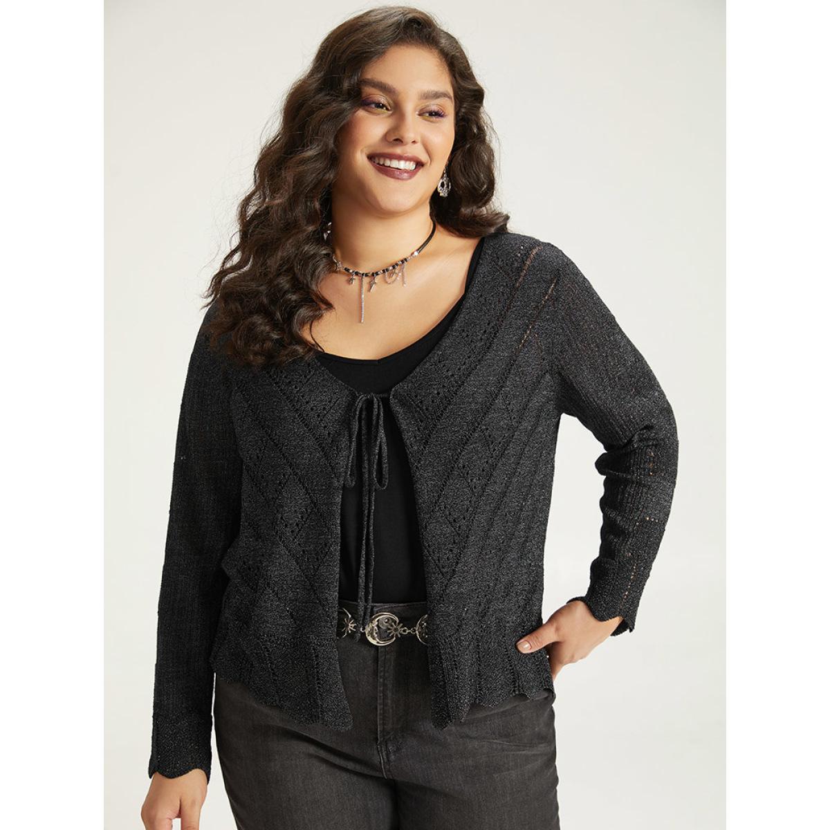 Plus Size Supersoft Essentials Halloween Plain Hollow Out Ties Open Front Cardigan Black Women Casual Loose Long Sleeve Everyday Cardigans BloomChic 22-24/3X Product Image