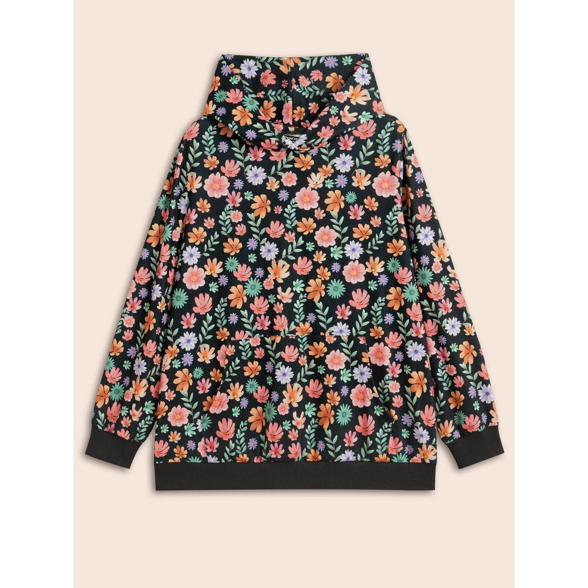 Plus Size Floral Patchwork Pocket Hooded Sweatshirt Women Multicolor Casual Contrast Hooded Everyday Sweatshirts BloomChic 22-24/3X Product Image