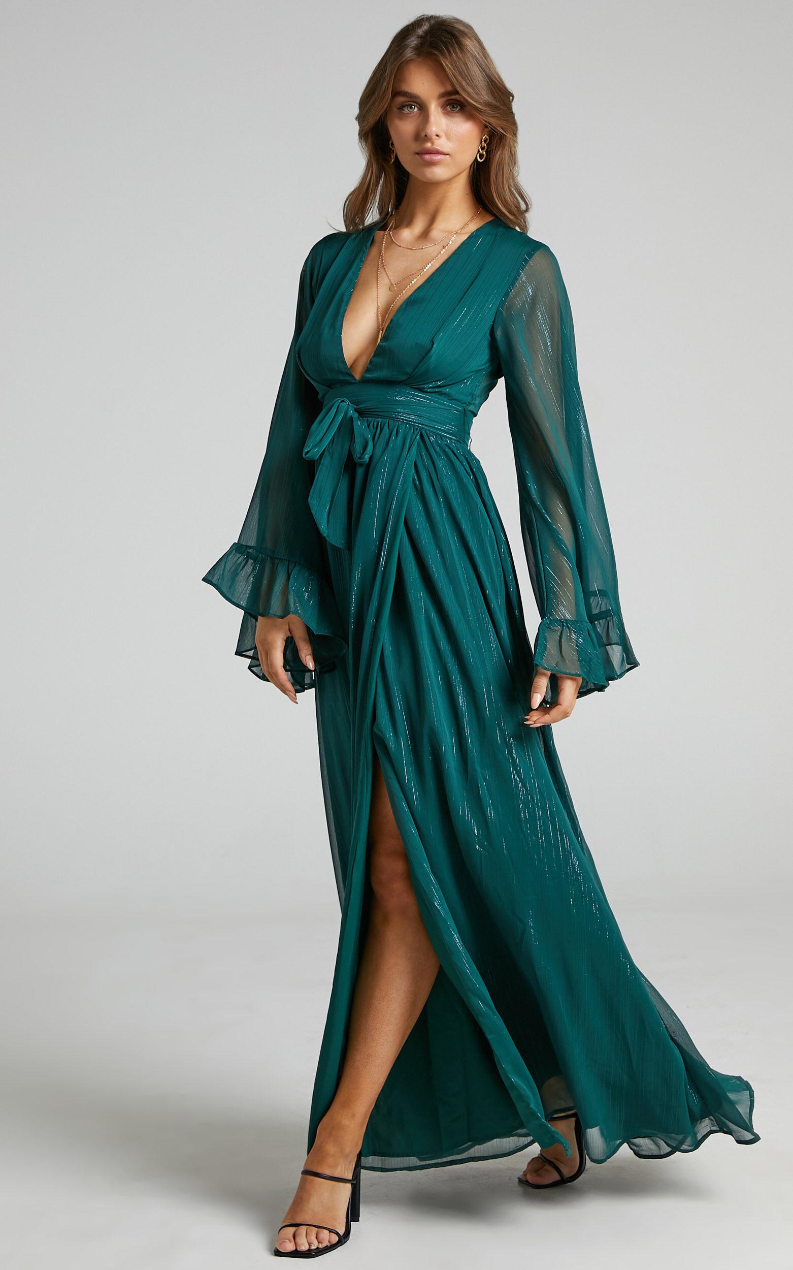 Dangerous Woman Maxi Dress - Plunge Thigh Split Dress in Emerald Product Image
