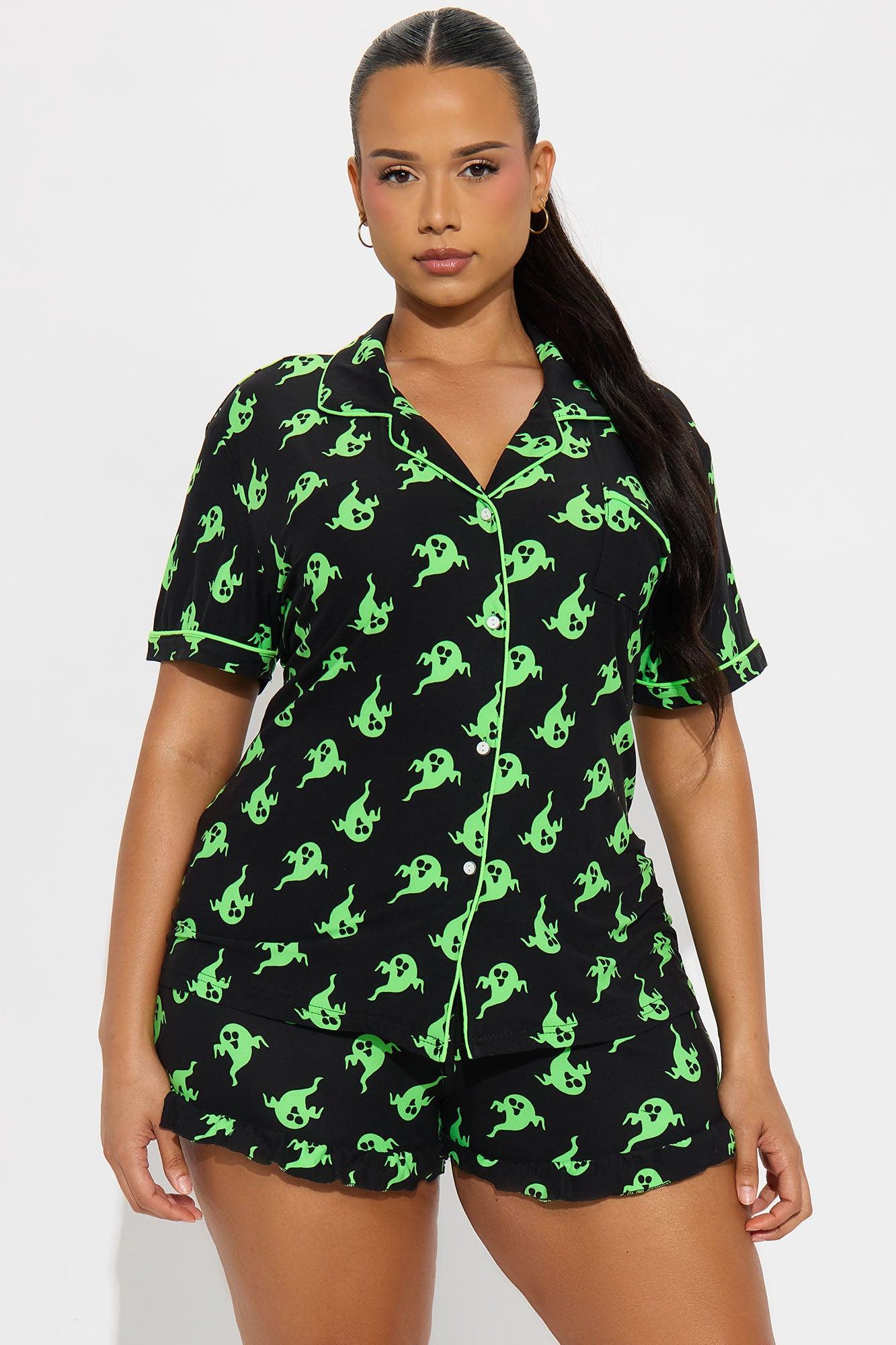 Ghosting You Short Sleeve Halloween PJ Short Set - Black/Green Female Product Image
