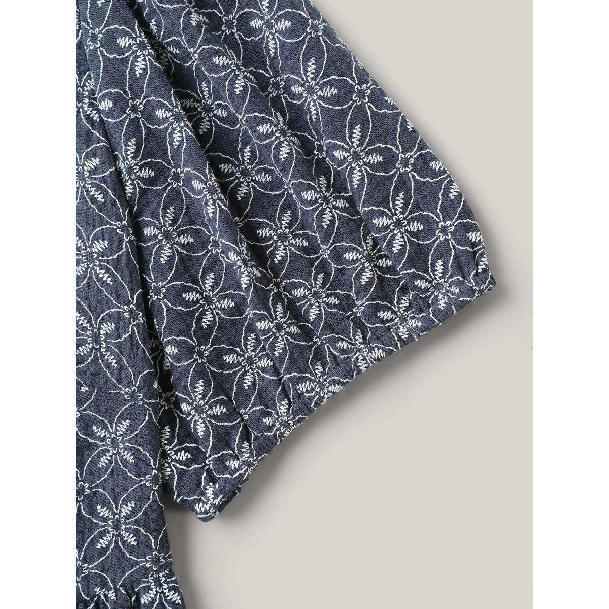 Plus Size Indigo Cotton Geometric Print Puff Sleeve Babydoll Top Women Boho Short sleeve Notched collar Vacation Blouses BloomChic 14-16/1X Product Image