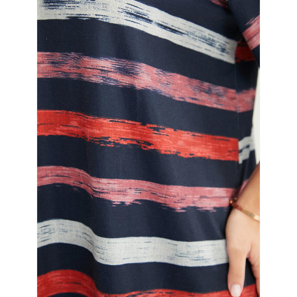 Plus Size Striped Contrast Crisscross Neck T-shirt Midnight Women Casual Striped V-neck Dailywear T-shirts BloomChic 10/M Product Image