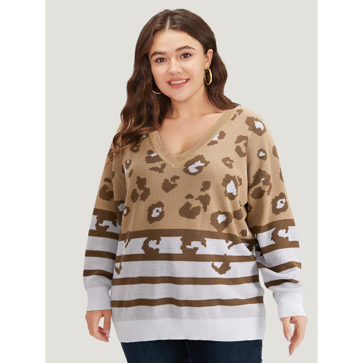Plus Size Leopard Striped Elastic Cuffs Pullover Leopard Women Casual Loose Long Sleeve V-neck Dailywear Pullovers BloomChic 18-20/2X Product Image