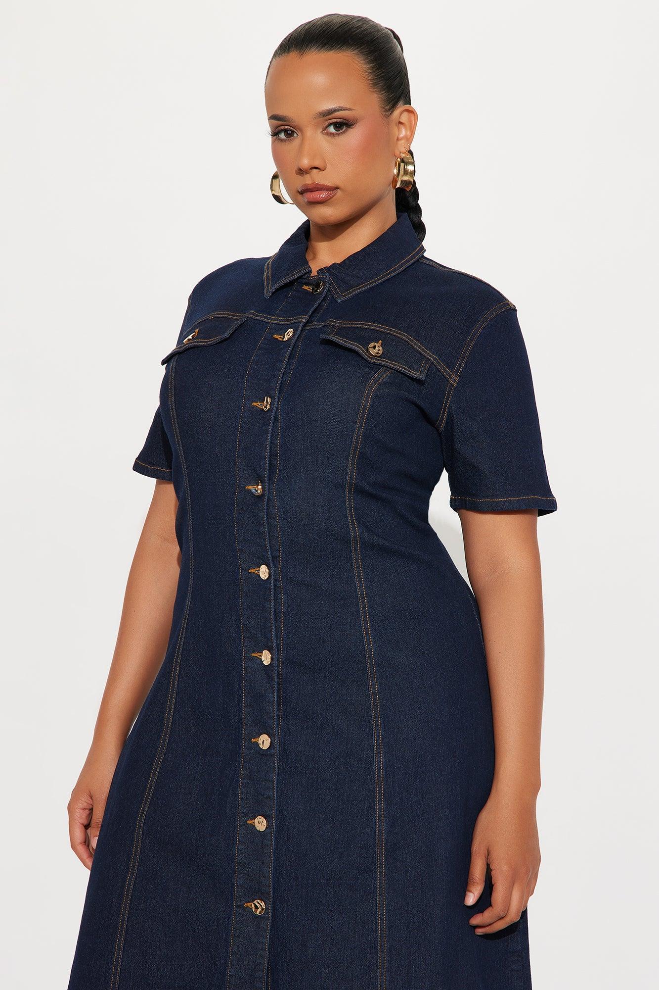 Deandra Denim Stretch Short Sleeve Midi Dress - Dark Denim Female Product Image