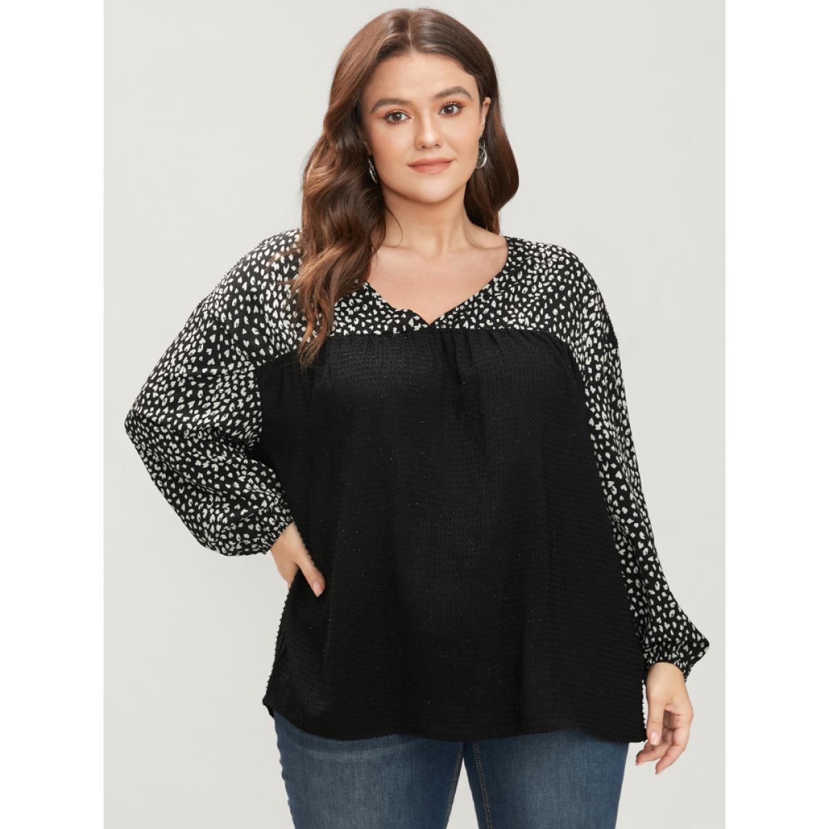 Plus Size Black Leopard Patchwork Raglan Sleeve V Neck Blouse Women Elegant Long Sleeve V-neck Dailywear Blouses BloomChic 12/L Product Image
