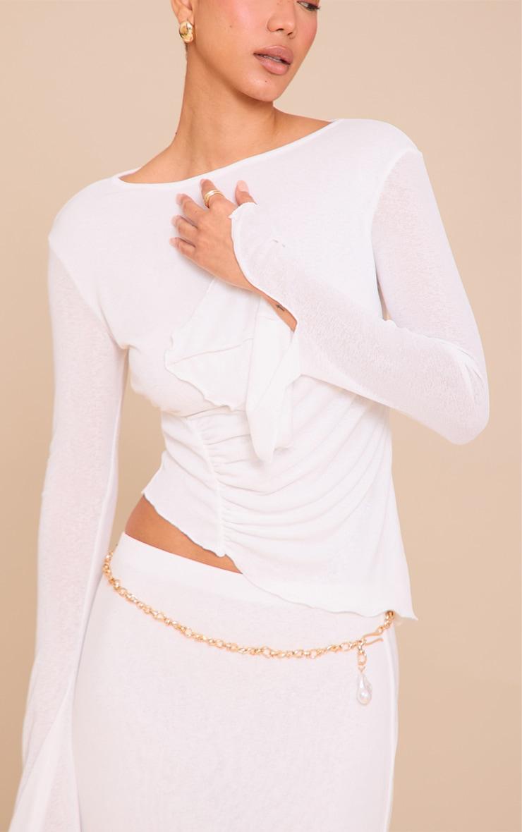 White Burnout Mesh Ruched Front Flared Sleeve Long Top Product Image