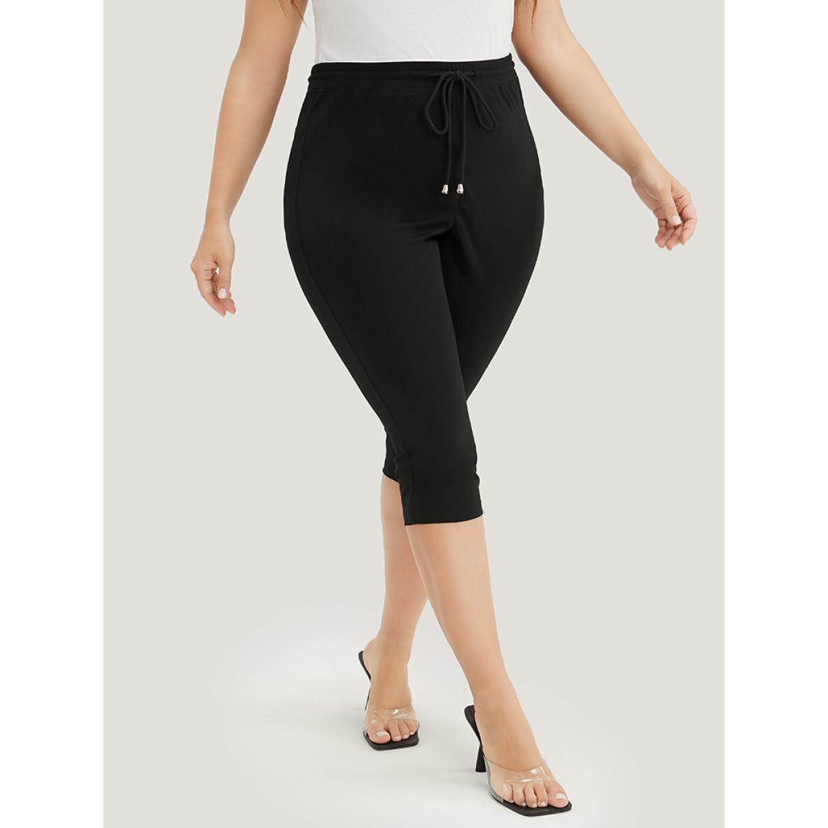 Plus Size Drawstring Elastic Waist Pocket Skinny Leggings Women Black Elegant High stretch Skinny Mid Rise Dailywear Leggings BloomChic 12/L Product Image