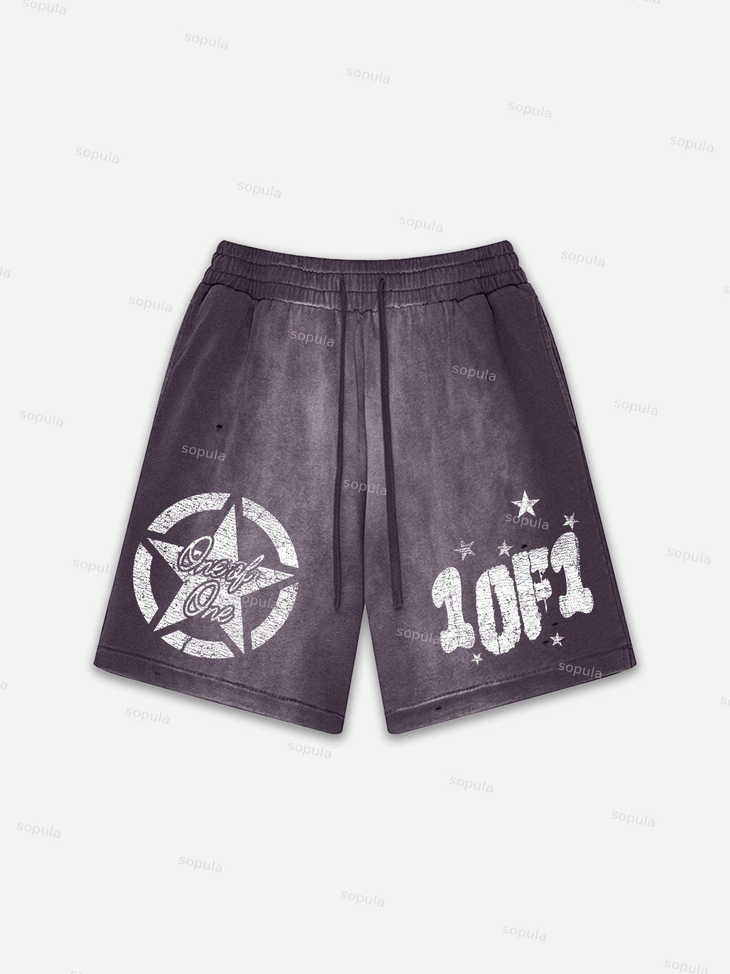 One Of One Star Print Vintage Washed Ripped Shorts Product Image