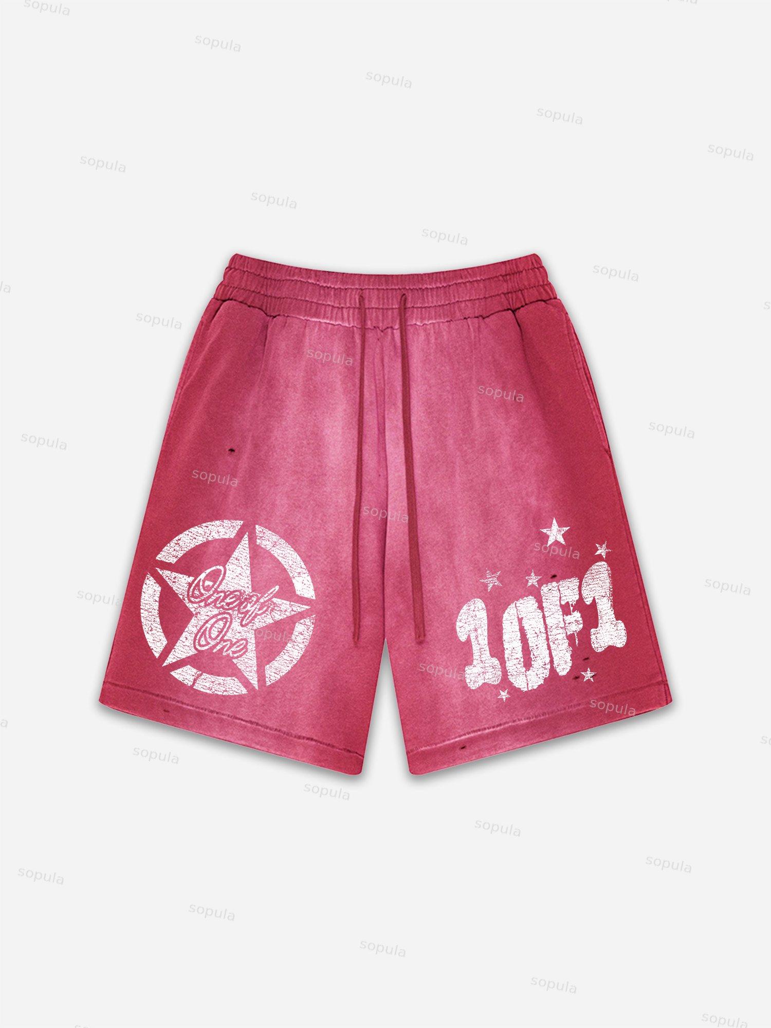 One Of One Star Print Vintage Washed Ripped Shorts Product Image