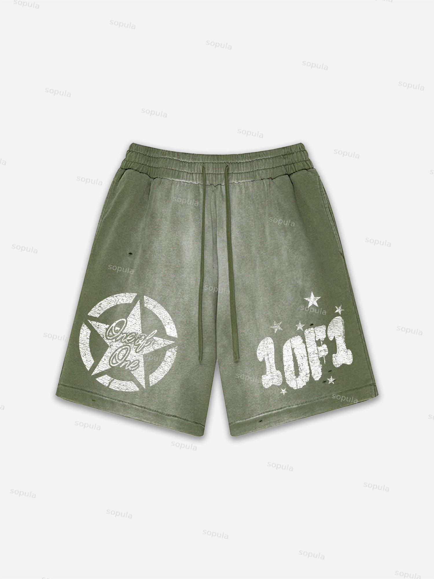 One Of One Star Print Vintage Washed Ripped Shorts Product Image