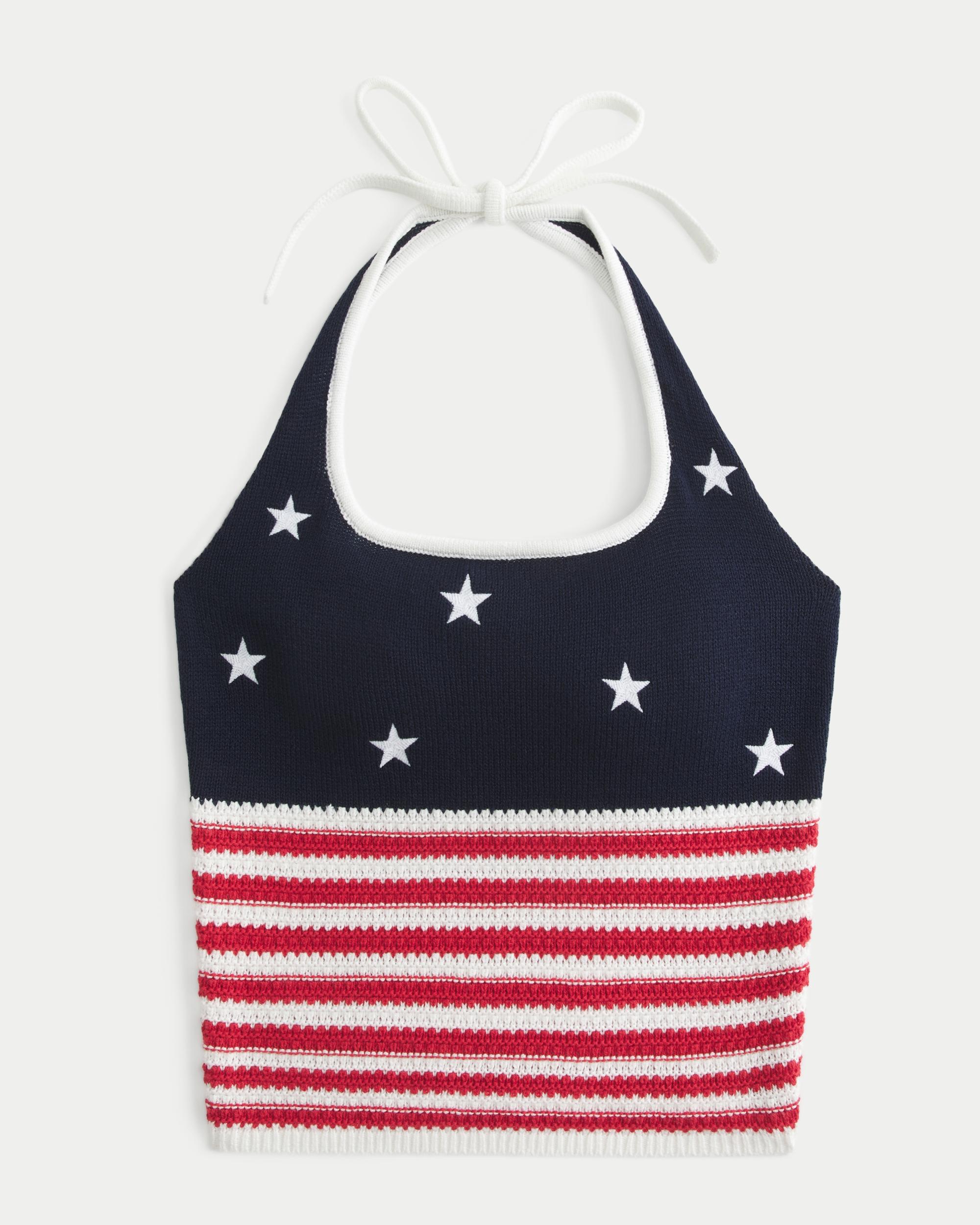 American Flag Pattern Crochet-Style Halter Top Product Image