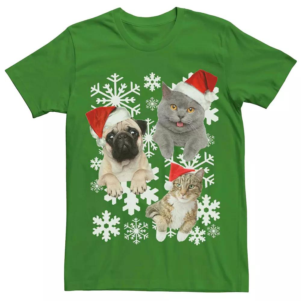 Men's Christmas Cats And Dog Snowflakes Graphic Tee,  Product Image