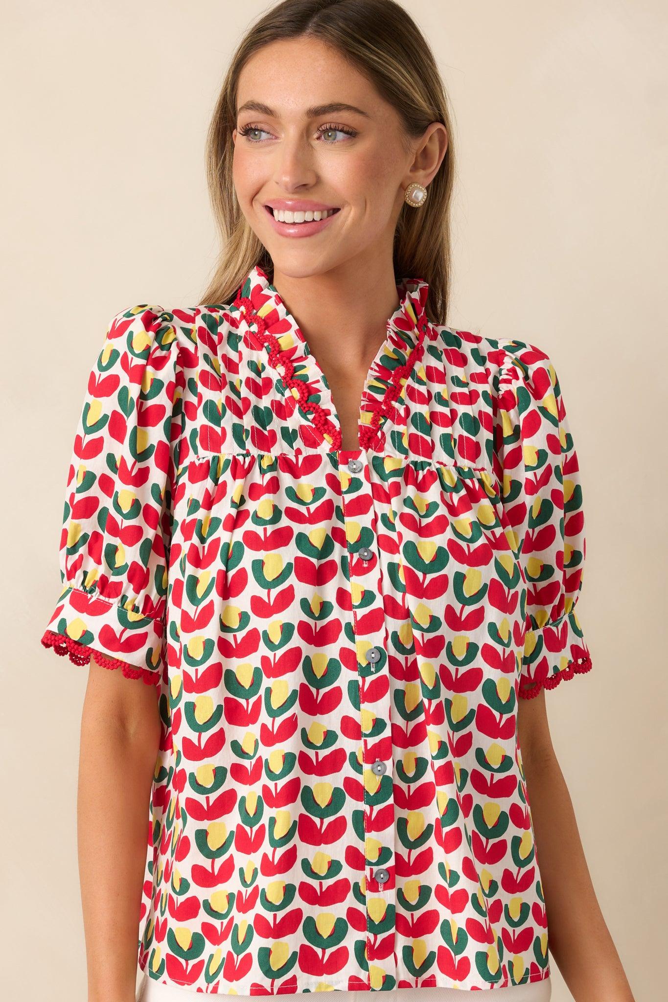 Lemonade Stand Cotton Red Floral Button Front Blouse Product Image