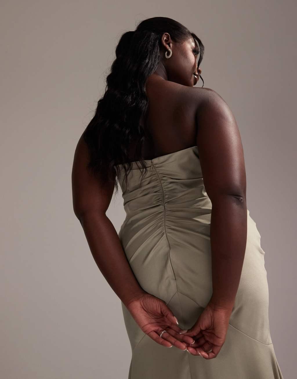 ASOS DESIGN Curve satin bandeau bridesmaid maxi dress in light green Product Image