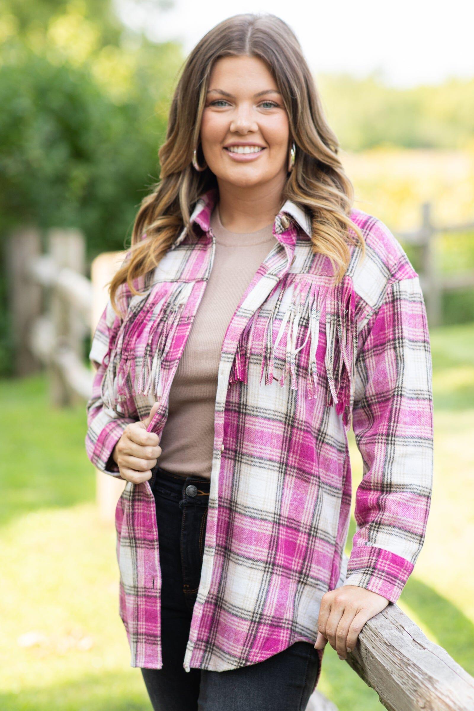 Fuchsia and Ivory Plaid Shacket With Fringe Product Image