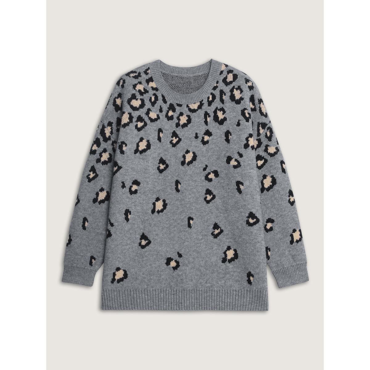 Plus Size Leopard Pattern Jacquard Ribbed Hem Pullover DarkGray Women Leisure Loose Long Sleeve Round Neck Casual Pullovers BloomChic 26/4X Product Image