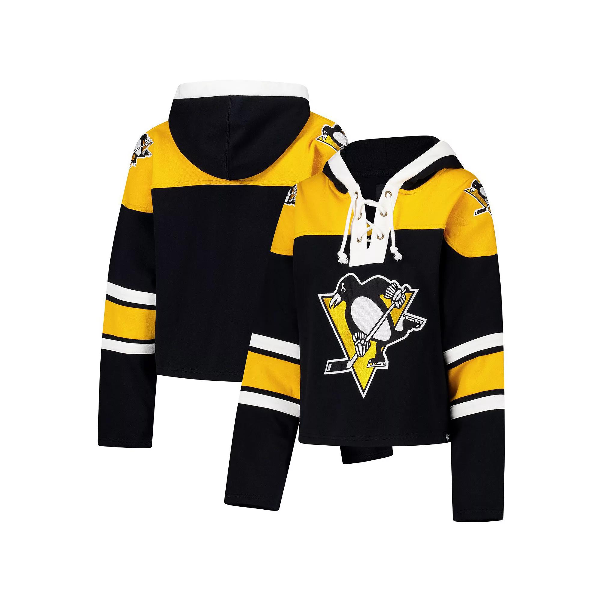 Women's '47 Black Pittsburgh Penguins Cropped Superior Lacer Pullover Hoodie, Size: 2XL Product Image