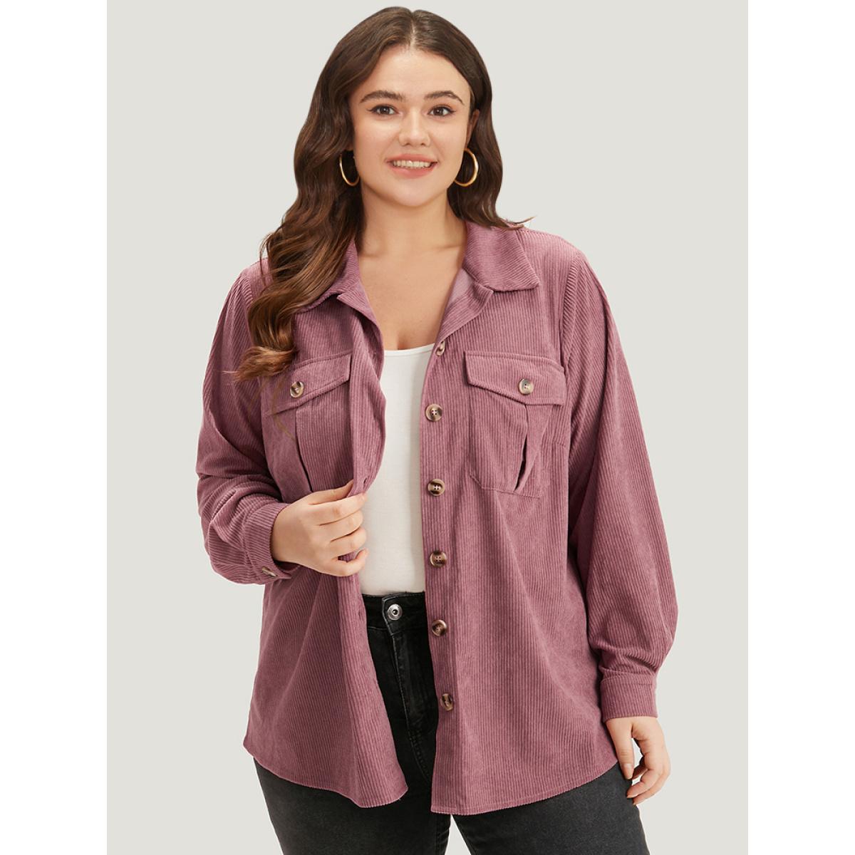 Plus Size Plain Texture Pocket Button Through Shirt Collar Coat Women DustyPink Casual Texture Ladies Dailywear Winter Coats BloomChic 10/M Product Image