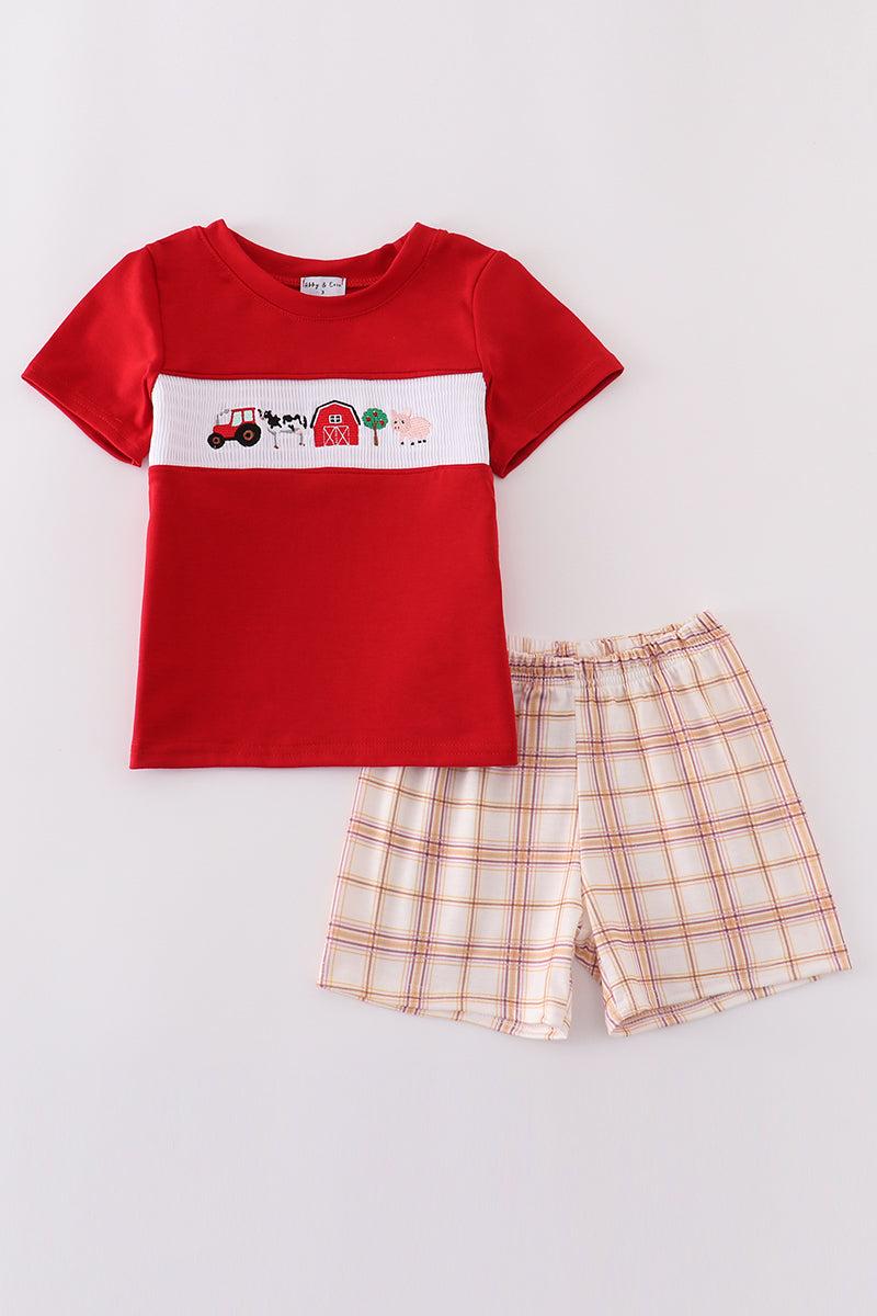 Khaki farm embroidery smocked plaid shorts set Product Image