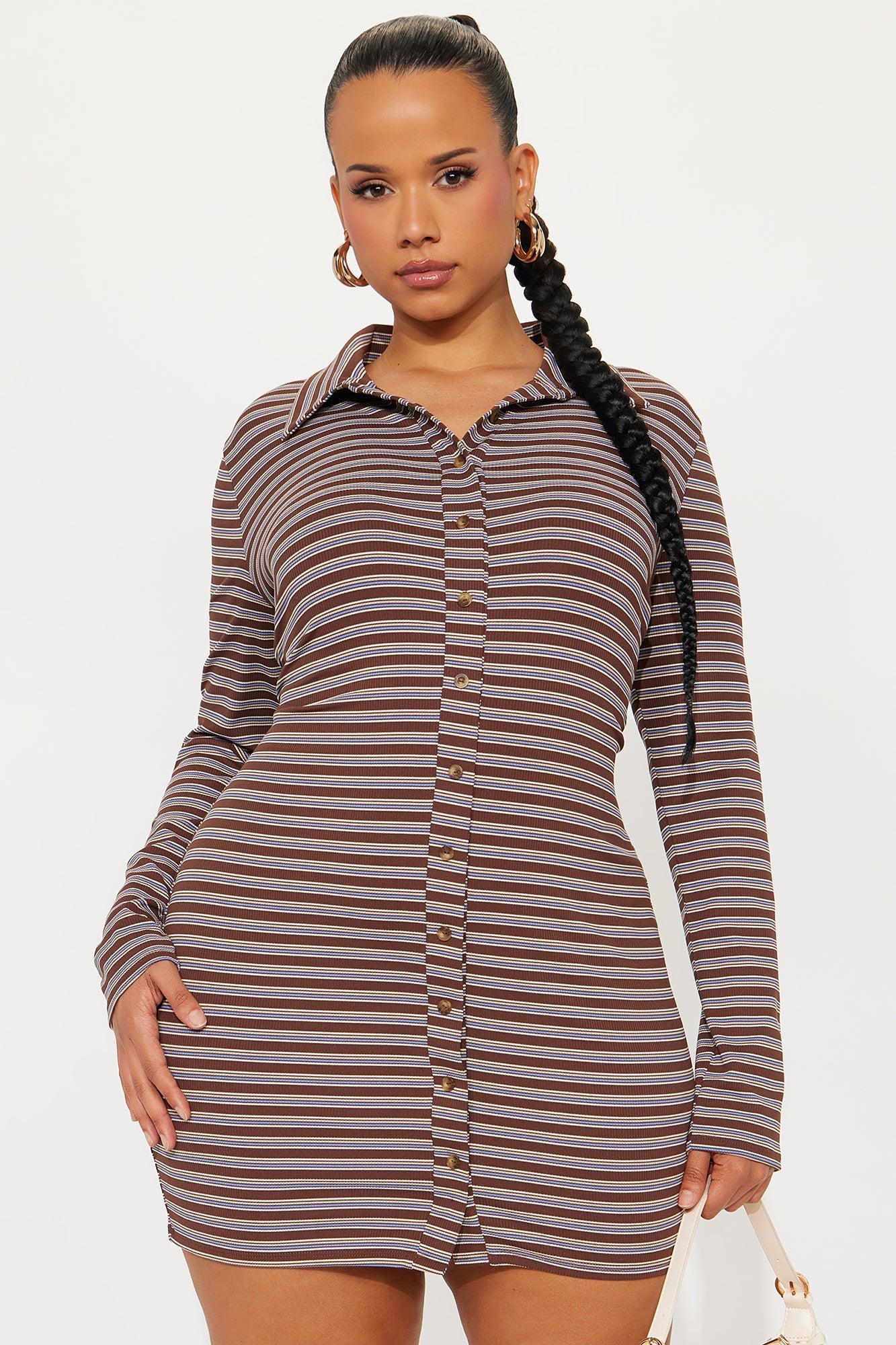 Autumn Striped Shirt Mini Dress - Brown/combo Female Product Image