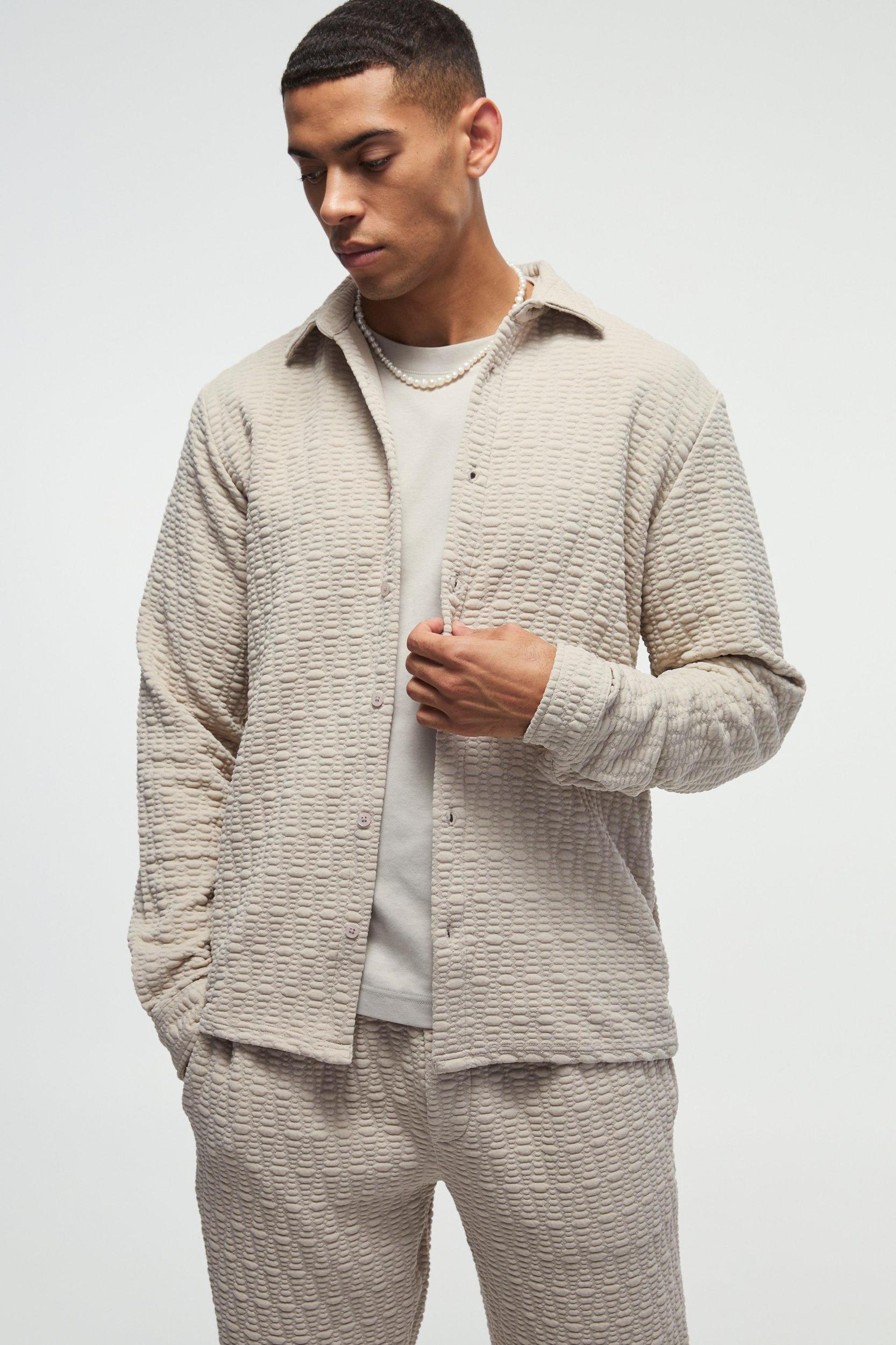 Long Sleeve Textured Stretch Shirt And Pants Set | boohooMAN USA Product Image