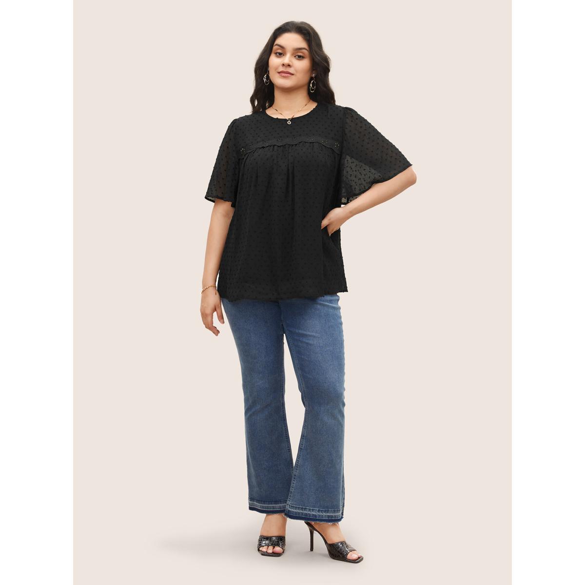 Plus Size Black Solid Texture Lace Trim See Through Gathered Blouse Women Elegant Short sleeve Round Neck Everyday Blouses BloomChic 12/L Product Image