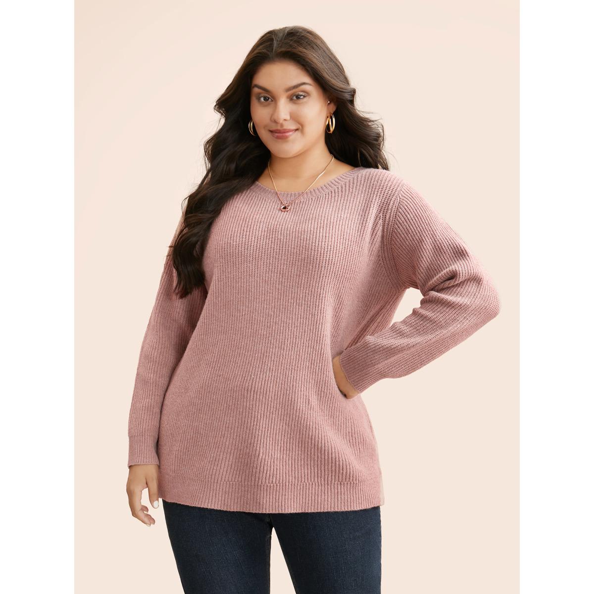 Plus Size Round Neck Texture Back Bowknot Pullover Crepe Women Casual Loose Long Sleeve Round Neck Everyday Pullovers BloomChic 18-20/2X Product Image