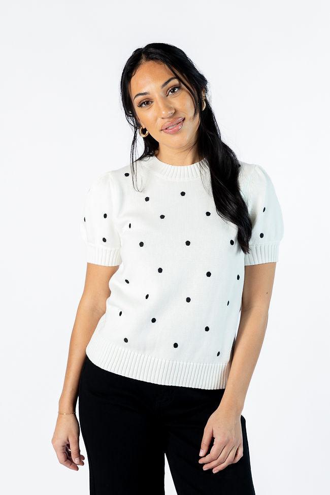 Polka Dot Daydreams Ivory and Black Short Sleeve Sweater FINAL SALE Product Image