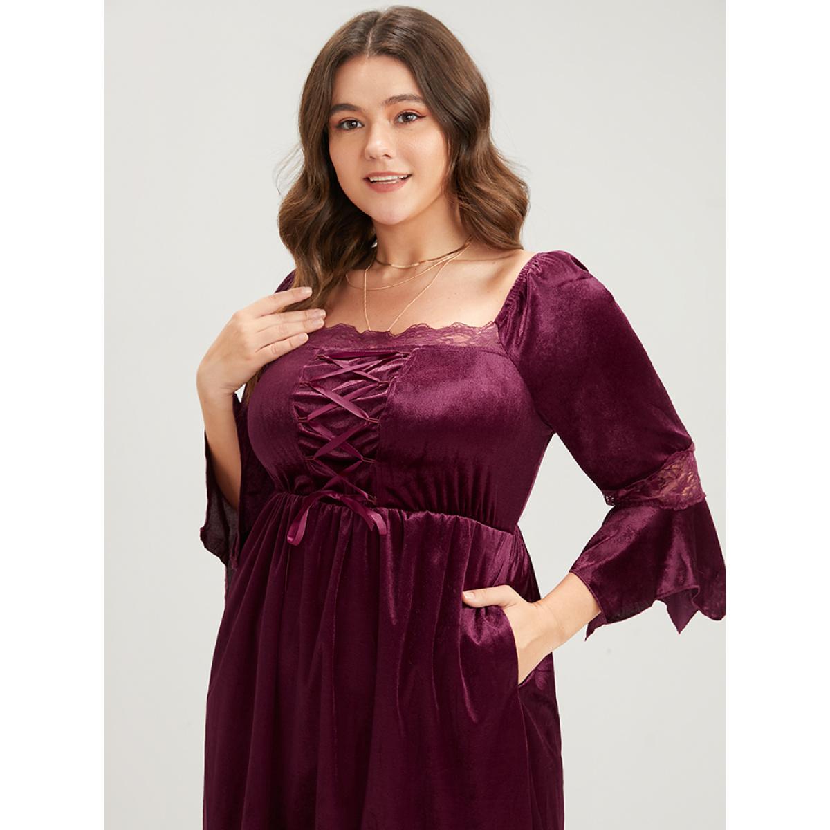 Plus Size Halloween Solid Velvet Bell Sleeve Pocket Contrast Lace Ties Midi Dress Burgundy Women Party Ribbon Square Neck Elbow-length sleeve Curvy Midi Dress BloomChic 22-24/3X Product Image