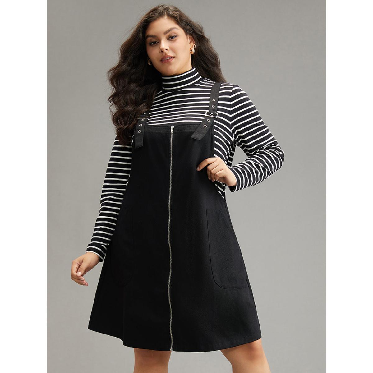 Plus Size Twill Zipper Adjustable Straps Dress Black Women Casual Adjustable Straps Spaghetti Strap Sleeveless Curvy Knee Dress BloomChic 10/M Product Image