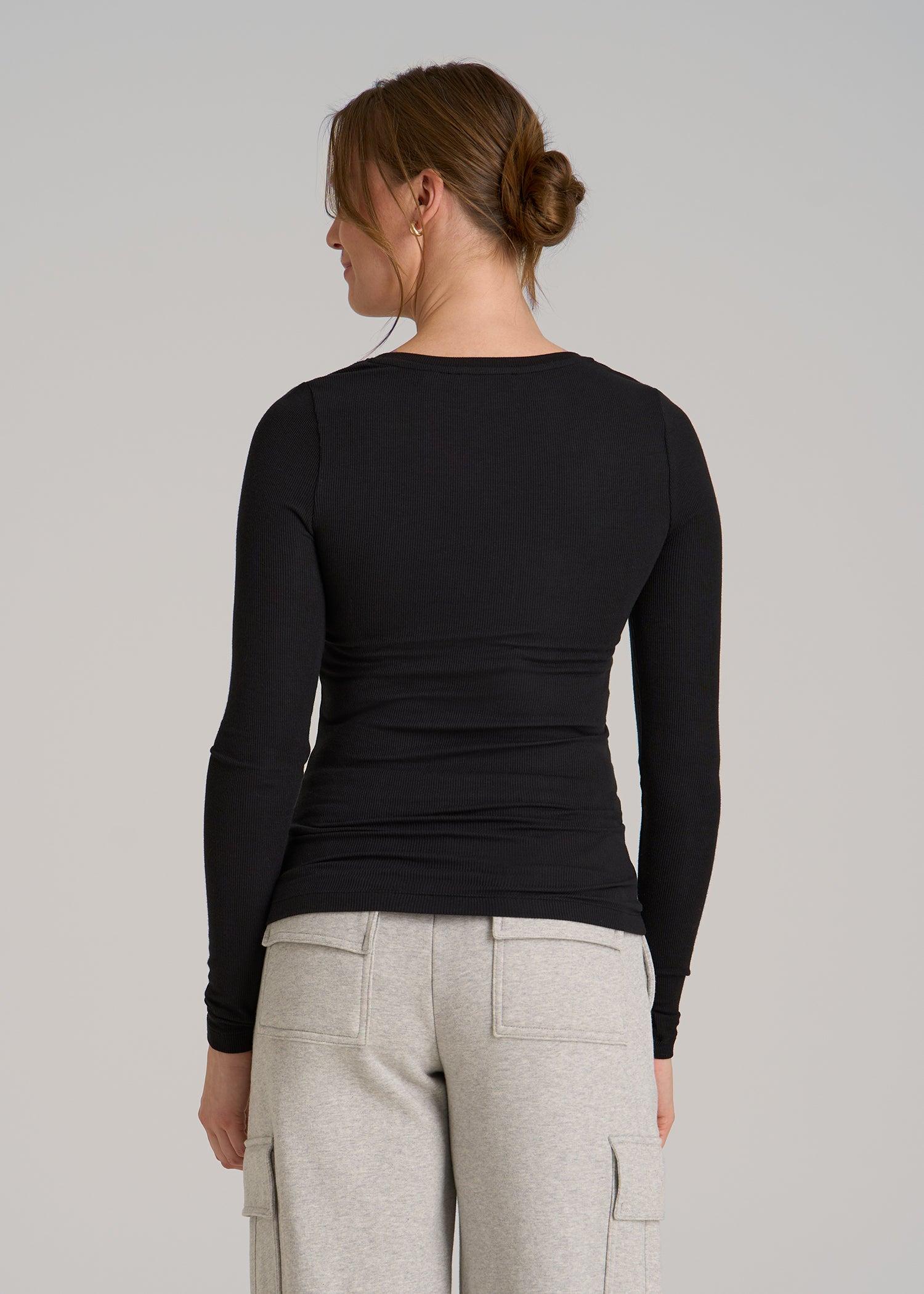 Fitted Ribbed Long Sleeve Henley for Tall Women in Black Female Product Image