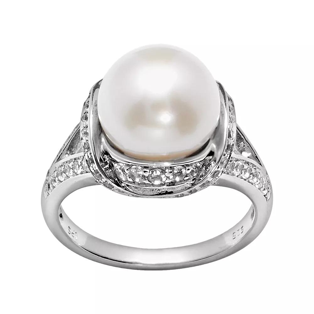 PearLustre by Imperial Sterling Silver Freshwater Cultured Pearl & White Topaz Ring, Womens Product Image