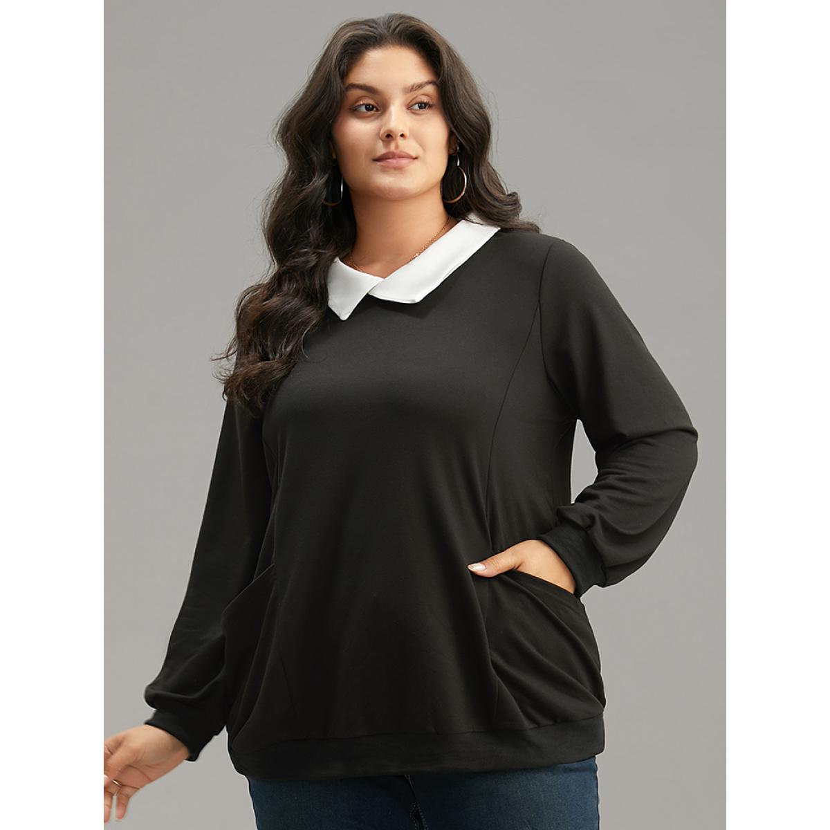 Plus Size Halloween Contrast Shirt Collar Patched Pocket Sweatshirt Women Black Casual Contrast Shirt collar Festival-Halloween Sweatshirts BloomChic 18-20/2X Product Image