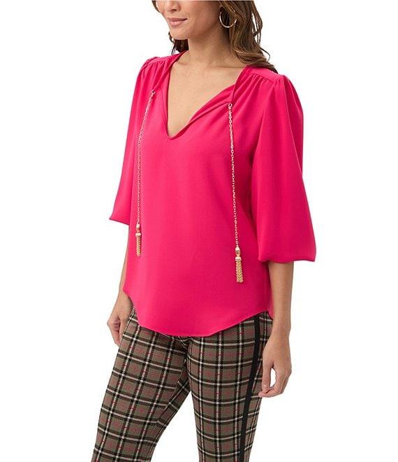 Trina Turk Morabi Georgette V-Neck 3/4 Sleeve Chain Tassel Top Product Image
