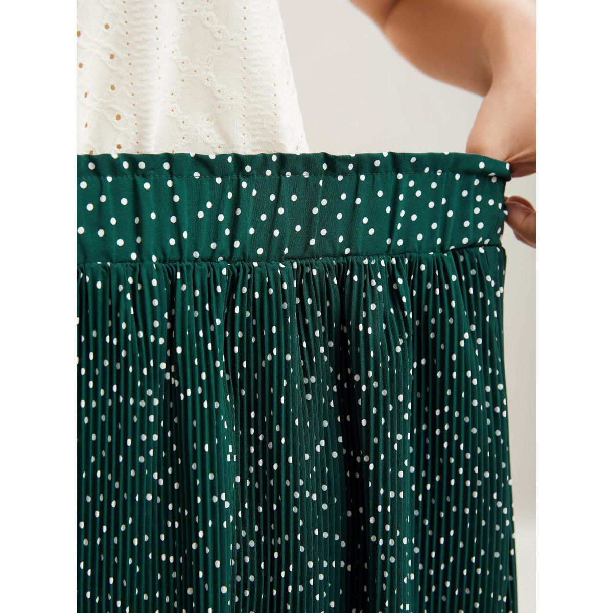 Plus Size Fine Dots Print Smocked Waist Midi Skirt Women DarkGreen Elegant Pleated Bodycon Low stretch Side seam pocket Everyday-Elegant Skirts BloomChic 10/M Product Image